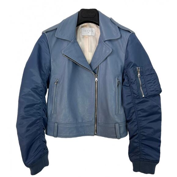 Sandro Blue Leather Jacket | Size 2 - Picture 1 of 11